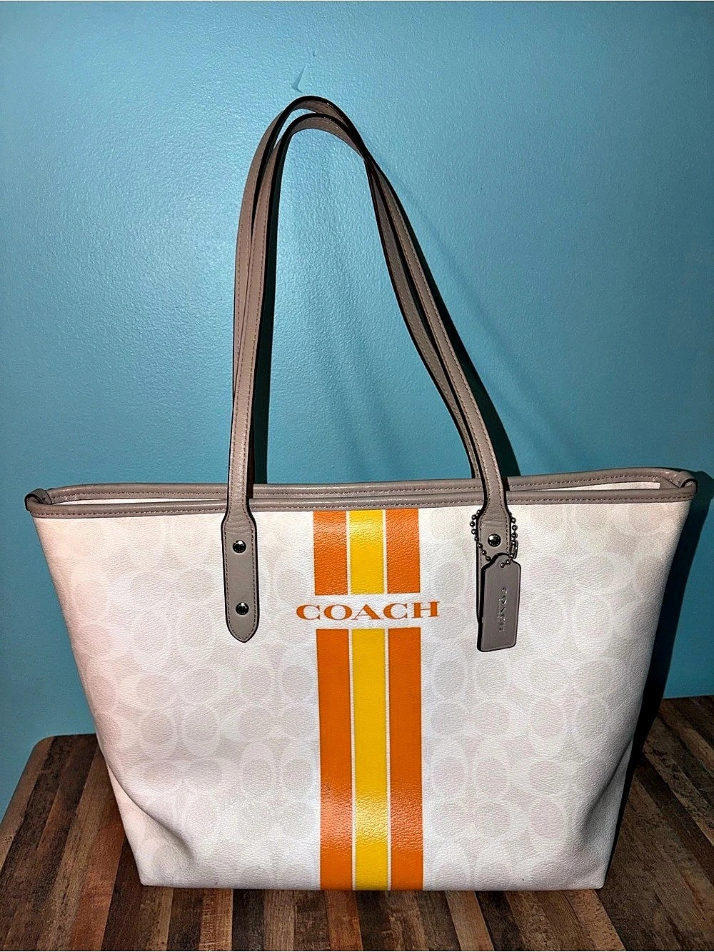 Coach Varsity Stripe City Zip Tote White & Orange